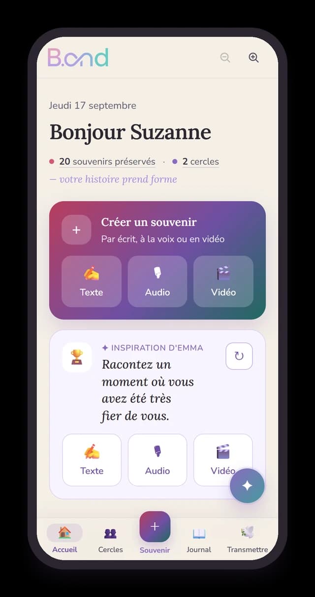 L'accueil de l'application B.ond sur un téléphone : créer un souvenir par écrit, à la voix ou en vidéo, avec une inspiration d'Emma