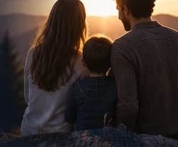 Une famille assise face à un coucher de soleil sur les montagnes