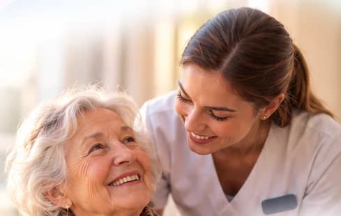 Une soignante et une résidente échangent un sourire complice