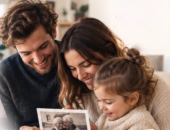 Des parents et leur fille regardent ensemble une photo de famille ancienne
