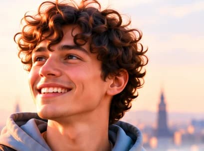Un jeune homme souriant, face à une ville au lever du soleil