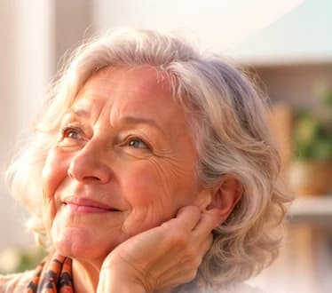 Une femme âgée sourit, pensive, le menton dans la main
