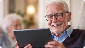 Un résident souriant tient une tablette