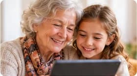 Une grand-mère et sa petite-fille regardent une tablette ensemble