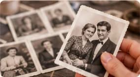 Des mains tiennent une photo de mariage ancienne au-dessus d'autres photos en noir et blanc