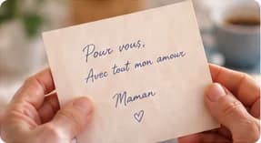 Une carte manuscrite : « Pour vous, avec tout mon amour, Maman »